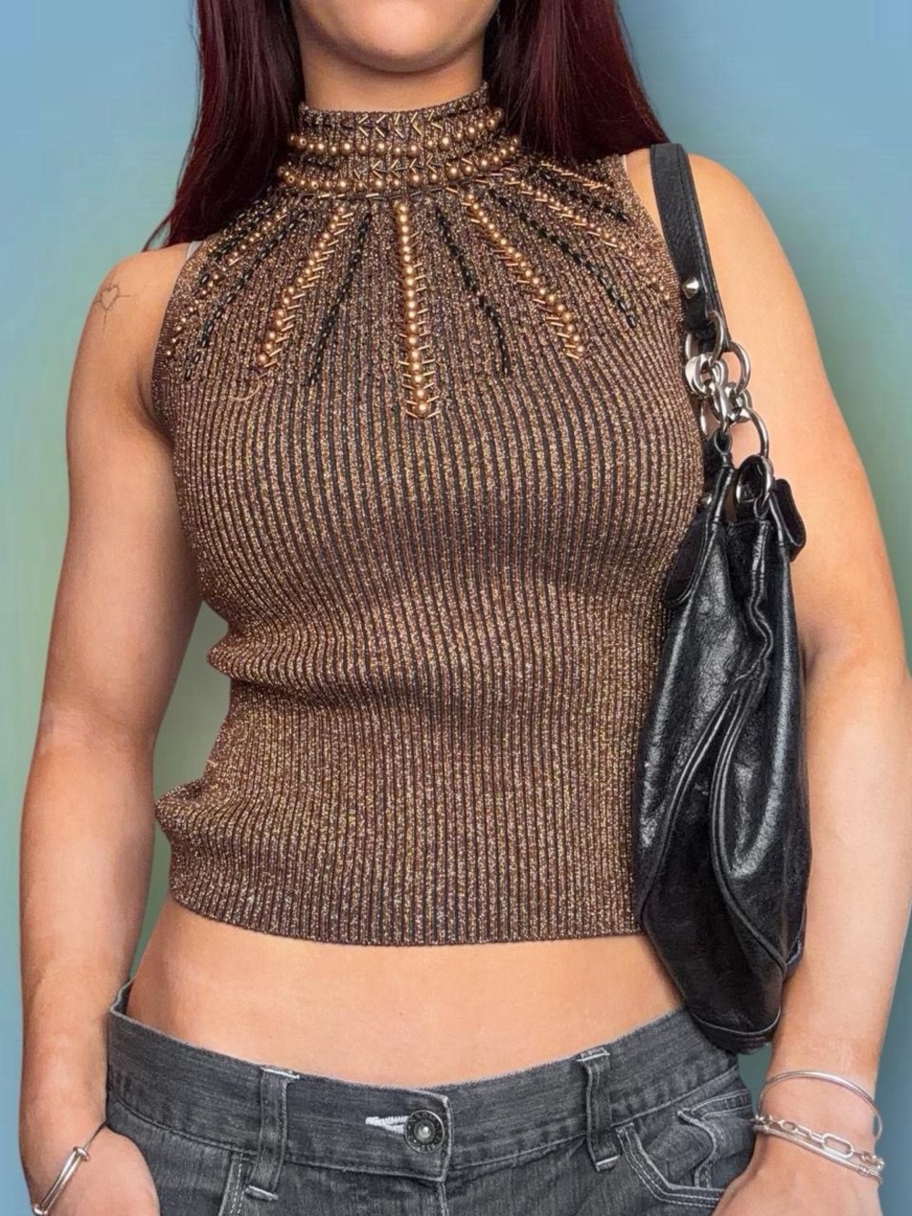 Cache Metallic Bronze Ribbed Mock Neck Tank